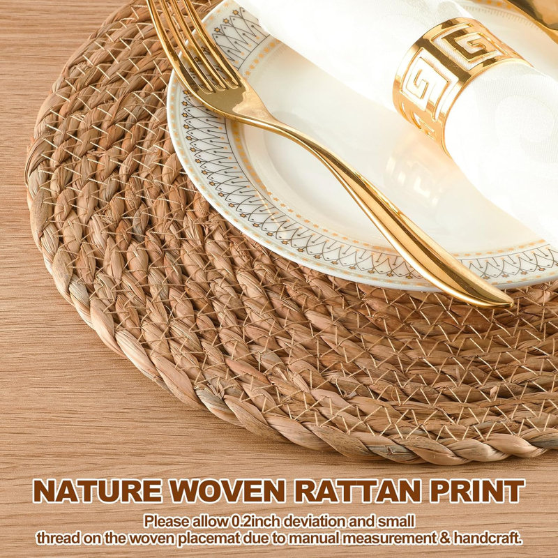 Round Woven Placemats Set Of 6 - Boho Rattan Water Hyacinth Placemats For Dining Table, Farmhouse Rustic Braided Wicker Table Mats For Home And Wedding Decor