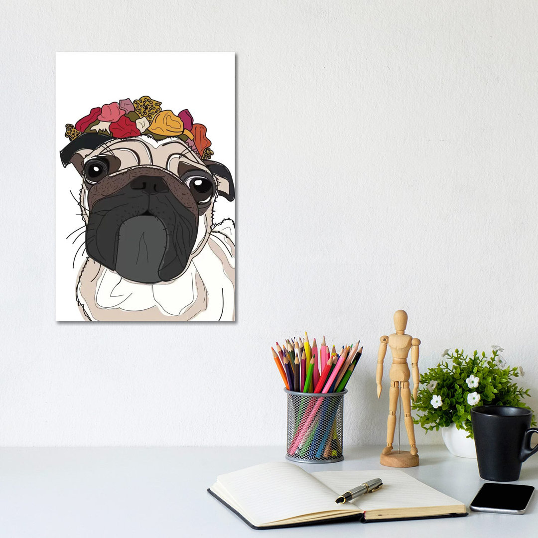 Mops mit Blumen von Sketch And Paws - Galerie-verpackte Leinwand Giclée auf Leinwand