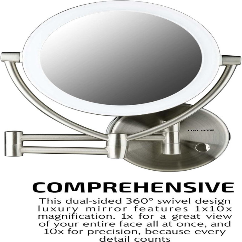 Miroir de maquillage mural lumineux 7,5 po Ovente, loupe 1X et 10X, DEL ronde double face avec gradateur, bras extensible, rétractable et pliant, nickel brossé alimenté par pile USB MLW75BR1X10X