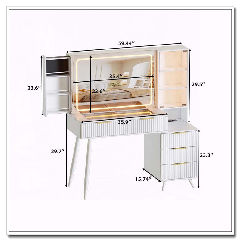 Bureau de coiffeuse avec miroir, lumières, plateau en verre et 11 tiroirs