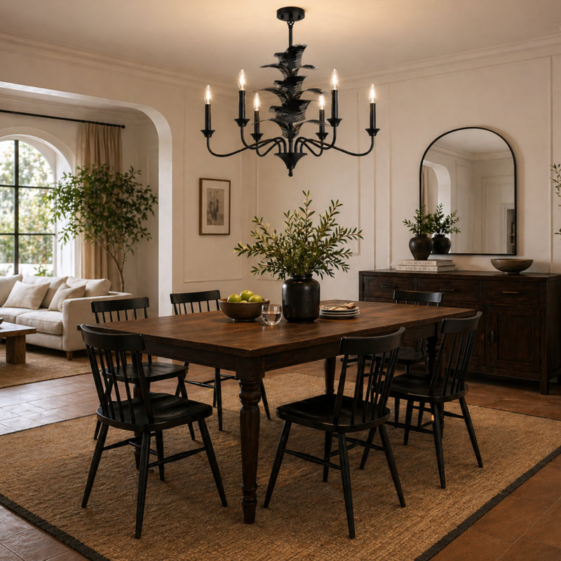 6-Lights Dimmable Ceiling Chandeliers with Leaf, Matte Black