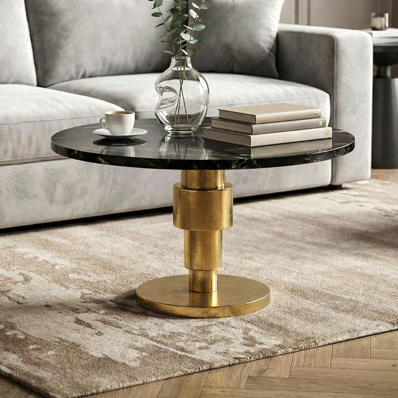Round White Marble Coffee Table with Silver Aluminium Base, 39cm H x 60cm W x 60cm D, Black / Gold, Black, Gold