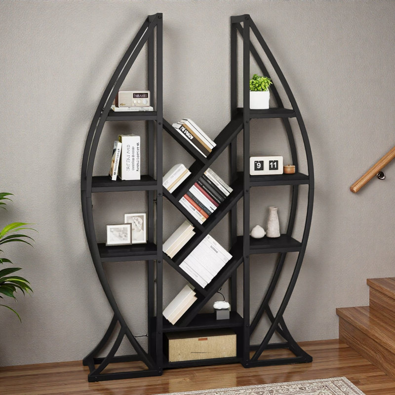  Industrial 5-Tier Oval Bookcase, Open Etagere Shelf With Metal Frame, Brown