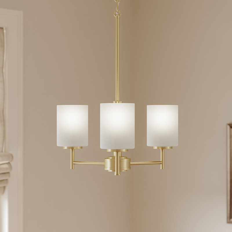 Lustre 3 lumières en or brossé avec abat-jour en verre gravé Replay Collection, Blanc, Or brossé, 3
