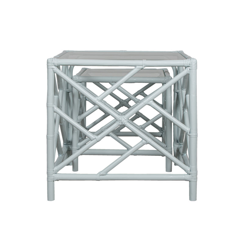 Chippendale Glass Nesting End Table, Light Blue