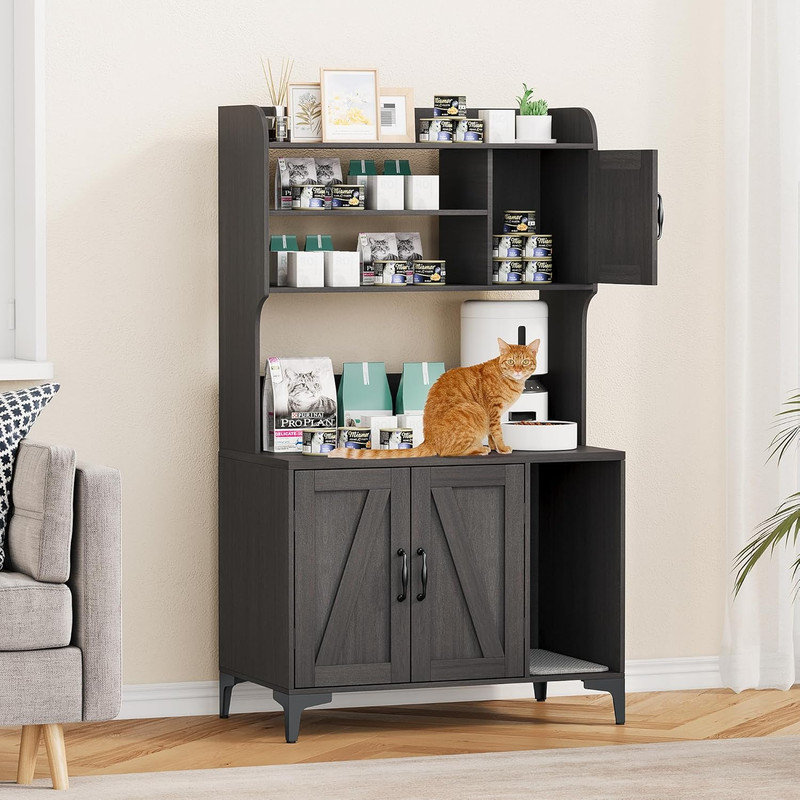 Enceinte de litière pour chat avec tablettes et portes, litière cachée en bois avec rangement, maisonnette pour chat d'intérieur