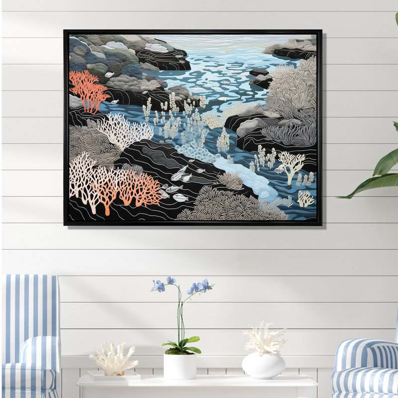 «Black and White Abstract Corals River I», reproduction sur toile, H 34 po x l 44 po x P 1,5 po, Cadre flottant noir