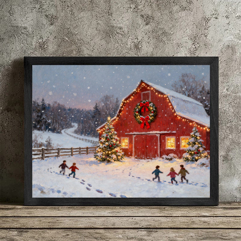 «Black Snowy Christmas Barn with Trees», reproduction d'art encadrée noire, H 11 po x l 9 po