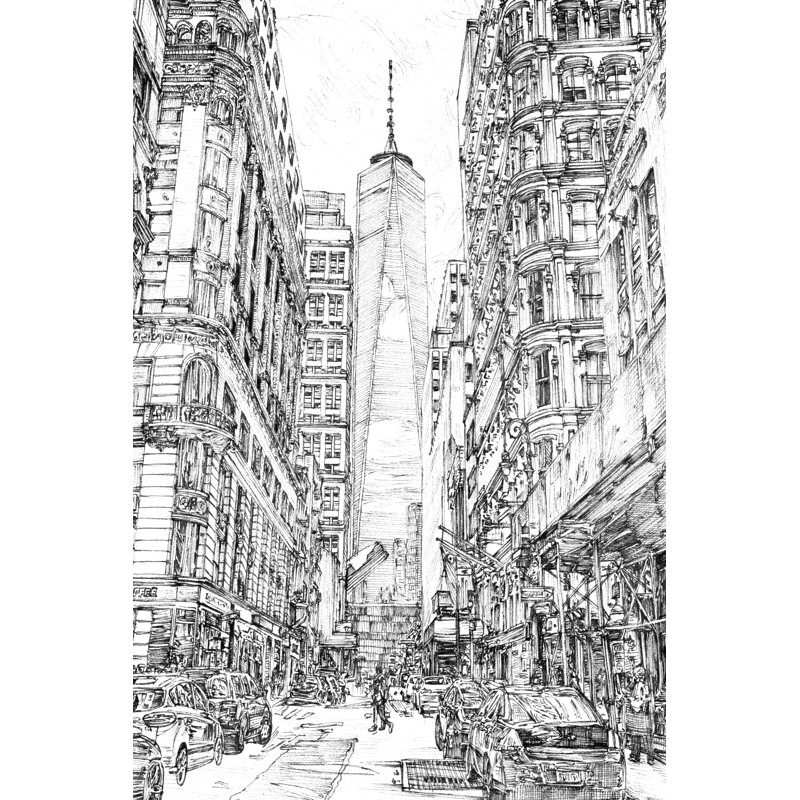 City in Black and White I by Melissa Wang - Painting, 122 cm H x 81 cm W, Black Floater Framed