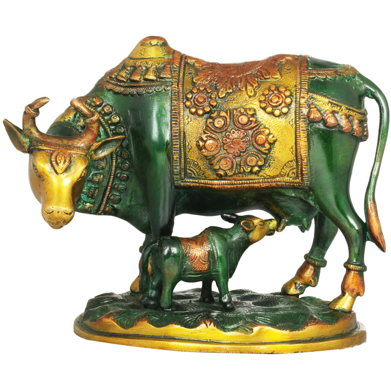 Figurine vache et veau, Vert/doré
