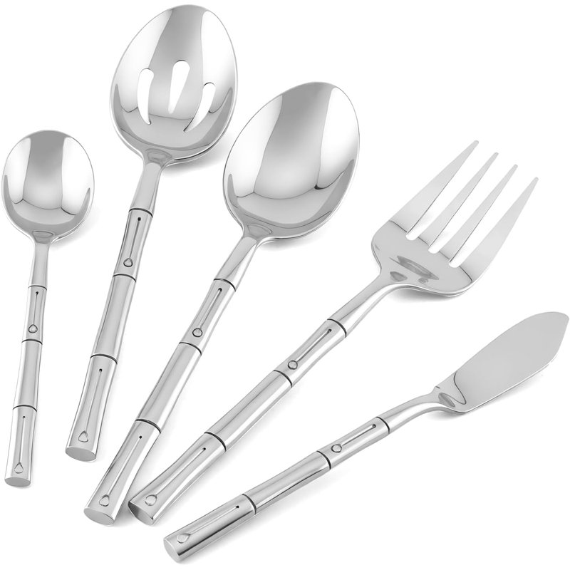 Ensemble de couverts 45 pièces en acier inoxydable avec motif en bambou, service de couverts en argent poli pour 8, comprenant des ustensiles de service pour tous les jours et occasions spéciales