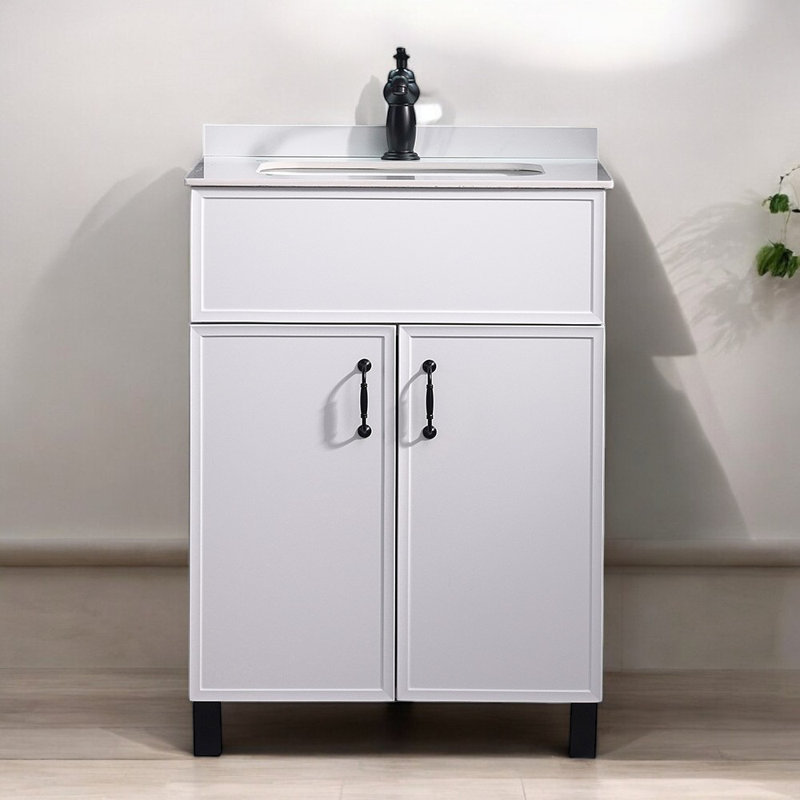 24" Freestanding Bathroom Vanity With Ceramic Sink & Storage Cabinet In White