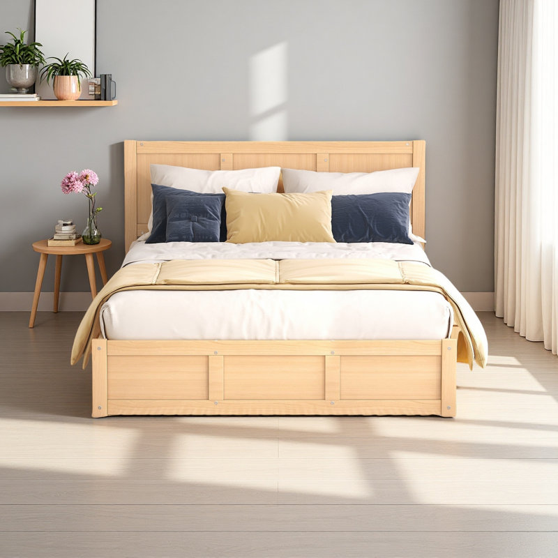 Lit plateforme en bois avec rangement inférieur et 2 tiroirs, Lit double