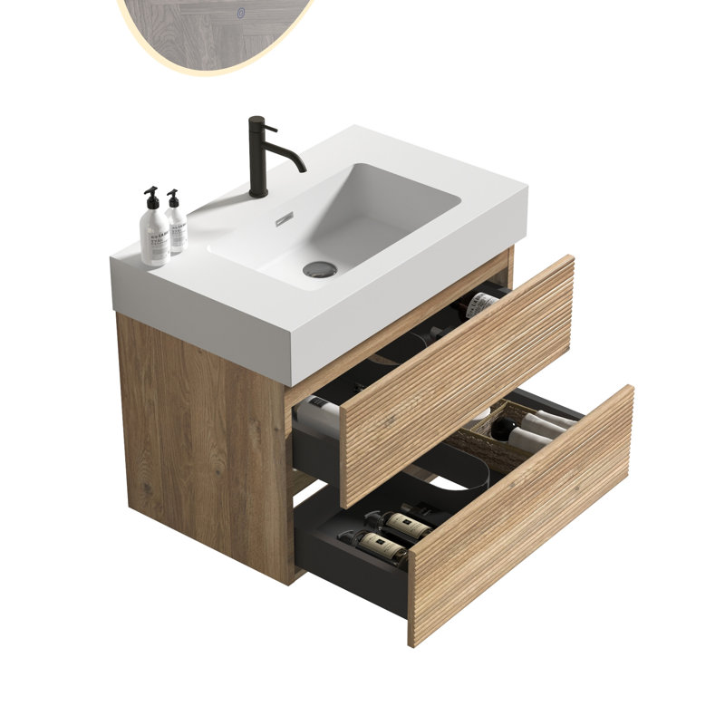Modern Bathroom Vanity With Oak Grille Design Approach, Wall Mounted, Double Drawer Storage Capacity, E0 Lacquer Finish Performance, Hidden Handle Provision Arrangement, Utility, For Protection,