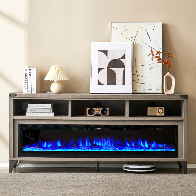 Meuble télé avec foyer électrique pour téléviseur de 75 po ou moins Bowrah, gris clair, Gris clair