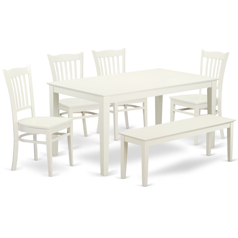 L'ensemble de salle à manger 6 pièces contient une table rectangulaire en bois massif et 4 chaises de cuisine avec banc, lin blanc