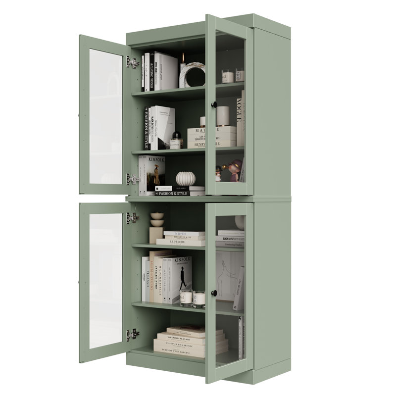 Veera Palace Imports 100% Solid Wood 6-Shelf Bookcase, Clear Glass Doors, Adjustable Shelves, 32" Wide, 71.5" Tall, Sage