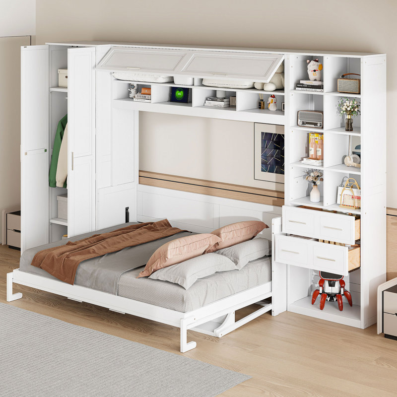 Grand lit escamotable mural blanc avec placard, tiroirs de rangement et tablettes - Lit convertible peu encombrant