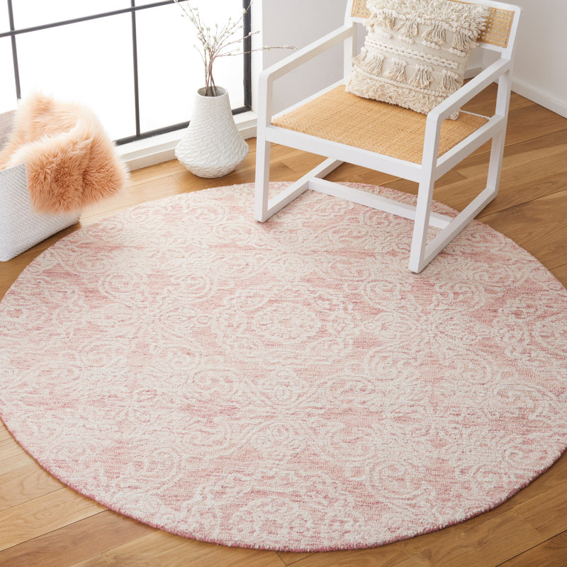 Noor Damask Handmade Tufted Wool Dark Pink/Ivory Area Rug, Round 8'
