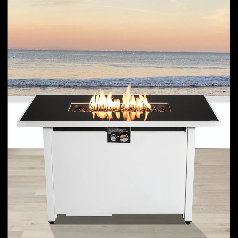43" Metal Rectangular Fire Pit – Outdoor Patio Heating Table, White