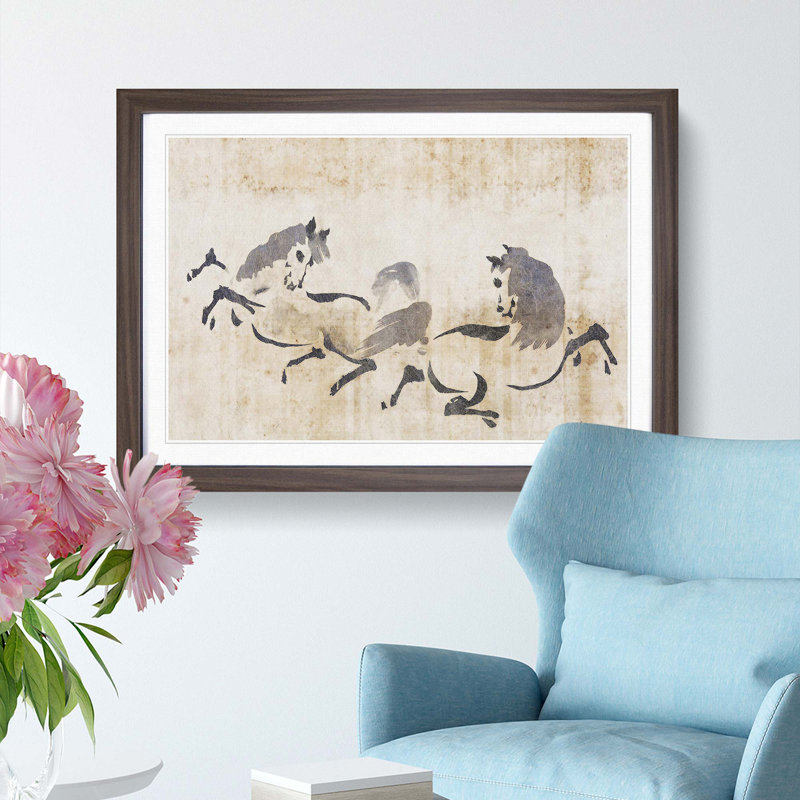 Two Horses Playing by Kano Tanyu - Framed Print, 48cm H x 65cm W x 2cm D, Walnut Framed