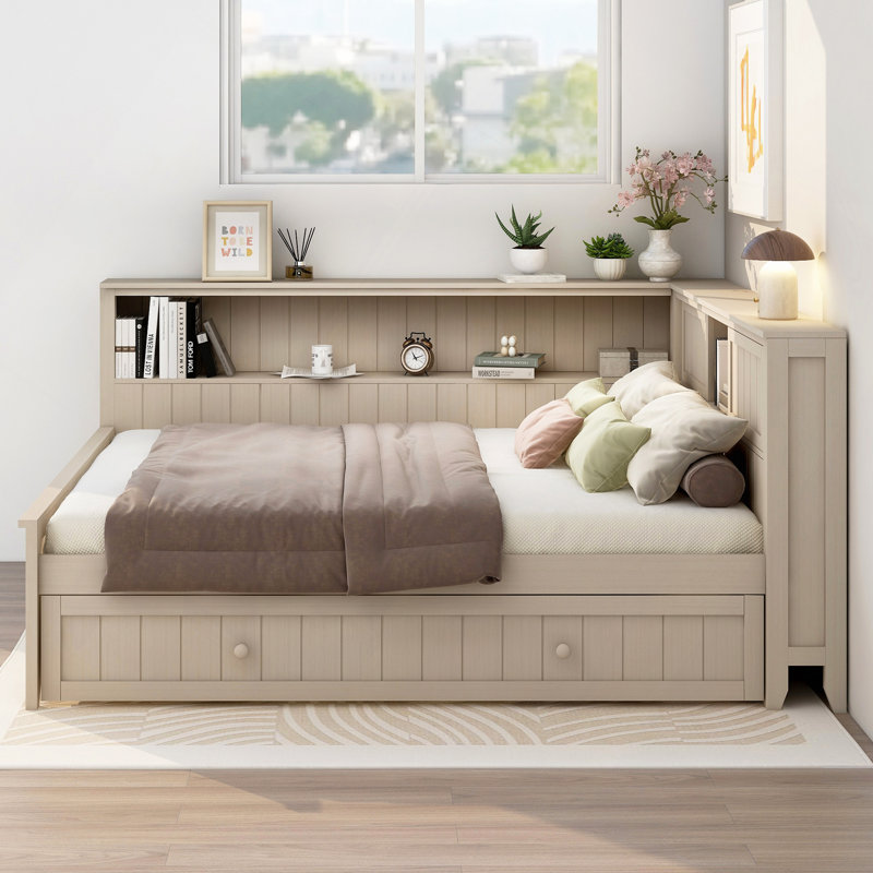 Wood Daybed With Storage Shelves And Trundle