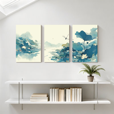Paysage et nature, nénuphar, paysage avec libellule et montagnes, ensemble de 3 impressions sur toile