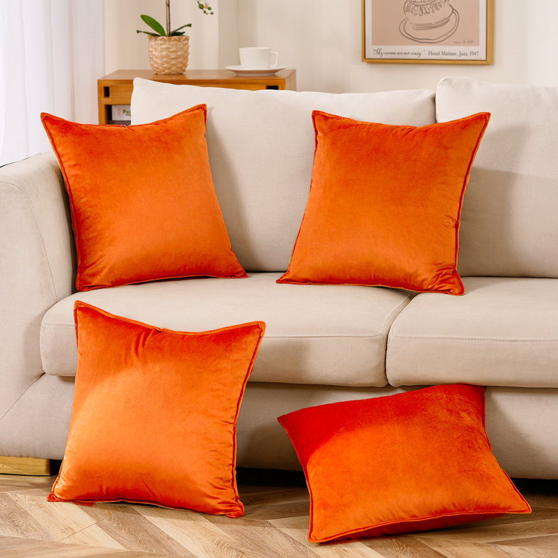 Set Of 4 Throw Velvet Cushion Covers, Orange, 16"H x 16"W