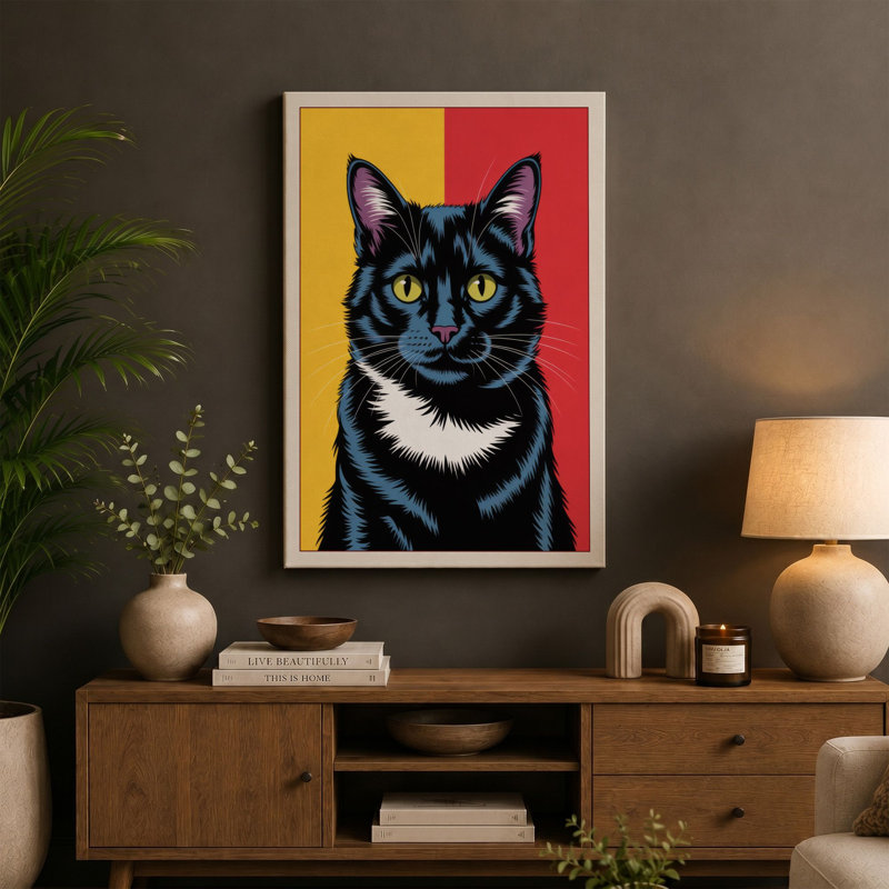 Black Cat Portrait Modern - Wrapped Canvas, 24x16 - 61.0 x 40.6 cm, Cream Border