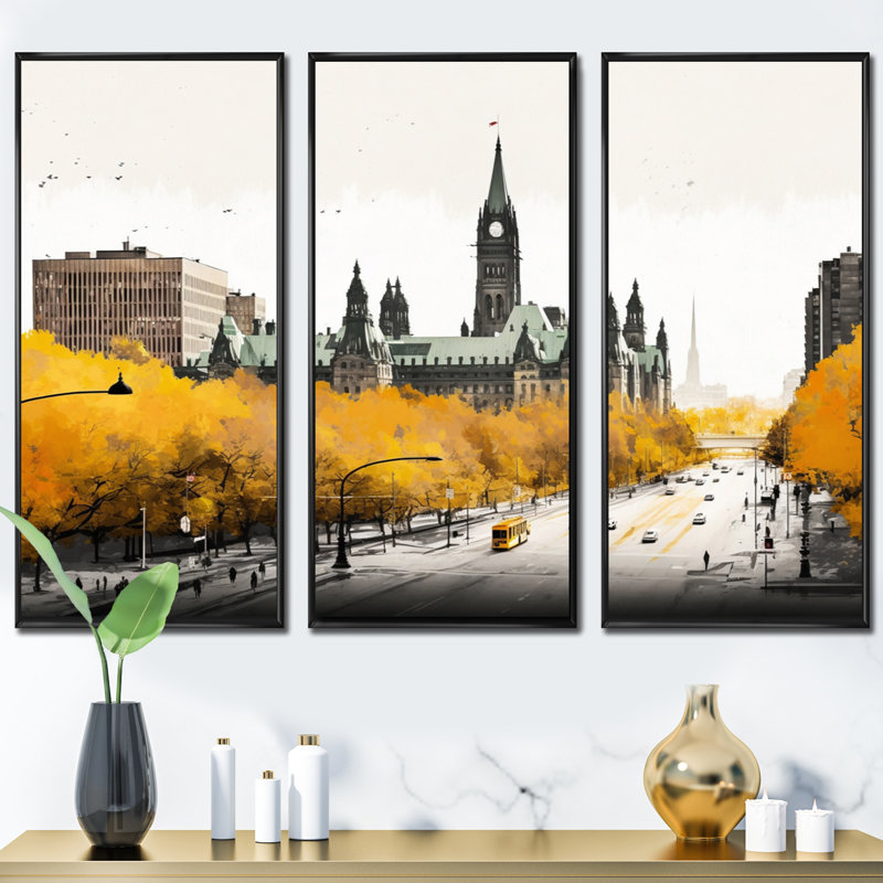 Ottawa in the Fall II - 3 pièces sur toile, Cadre flottant noir, H 28 po x l 36 po x P 1 po