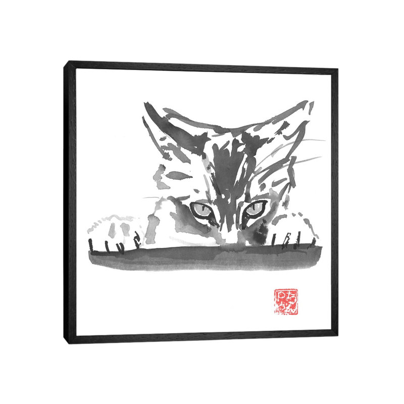 Smelling Cat by Péchane - Painting on Canvas, Black Framed, 45.72 cm H x 45.72 cm W