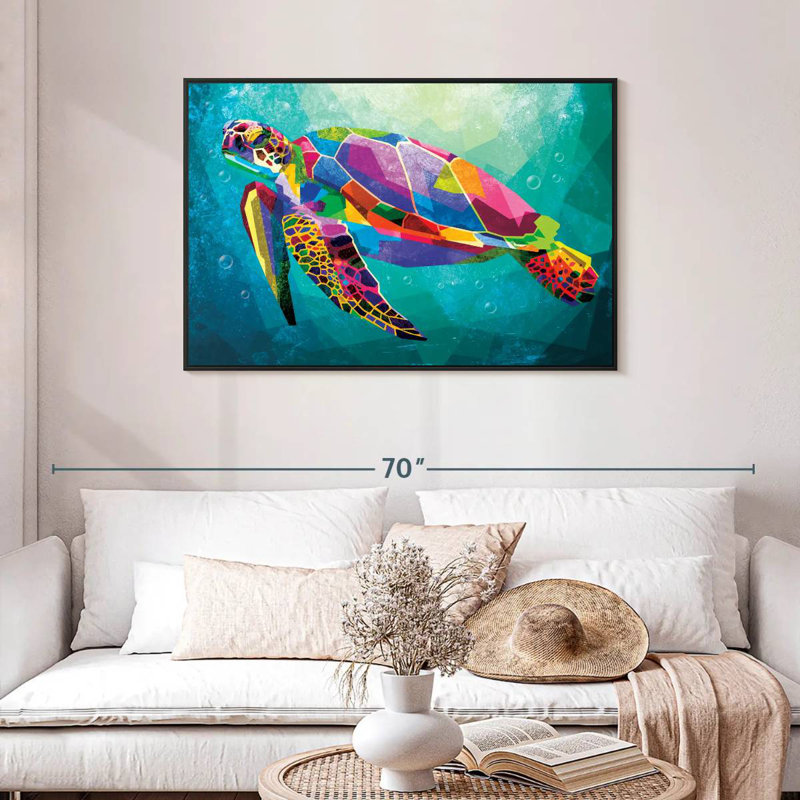 Tortue arc-en-ciel géométrique, Cadre flottant noir, 43 po x 29 po