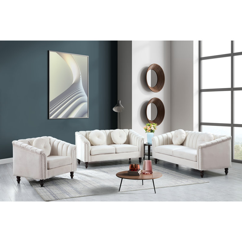 Caesyn 3-Piece Velvet Living Room Set, Ivory Velvet