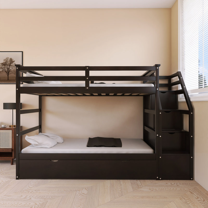 Lit simple au-dessus de simple avec escalier de rangement en bois, Espresso