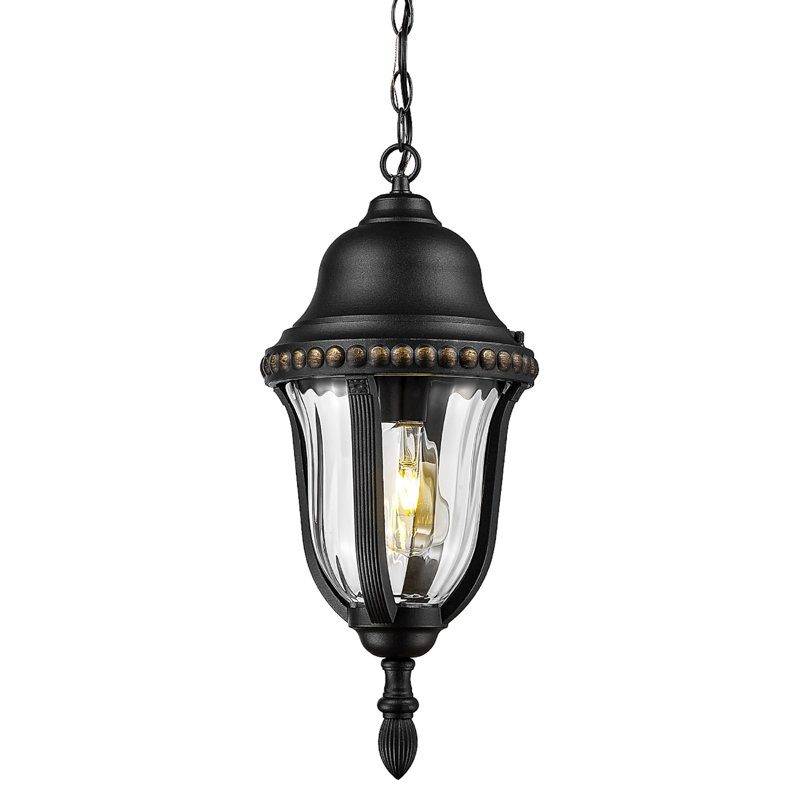 21" Outdoor Pendant Lights Hanging Lantern Light With Matte Black Finish Striped Glass