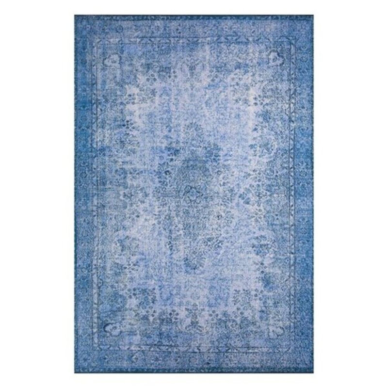 Tapis bleu / gris en polyester tissé à la machine Suna Dorian, Rectangle 4 pi 7 po x 6 pi 3 po
