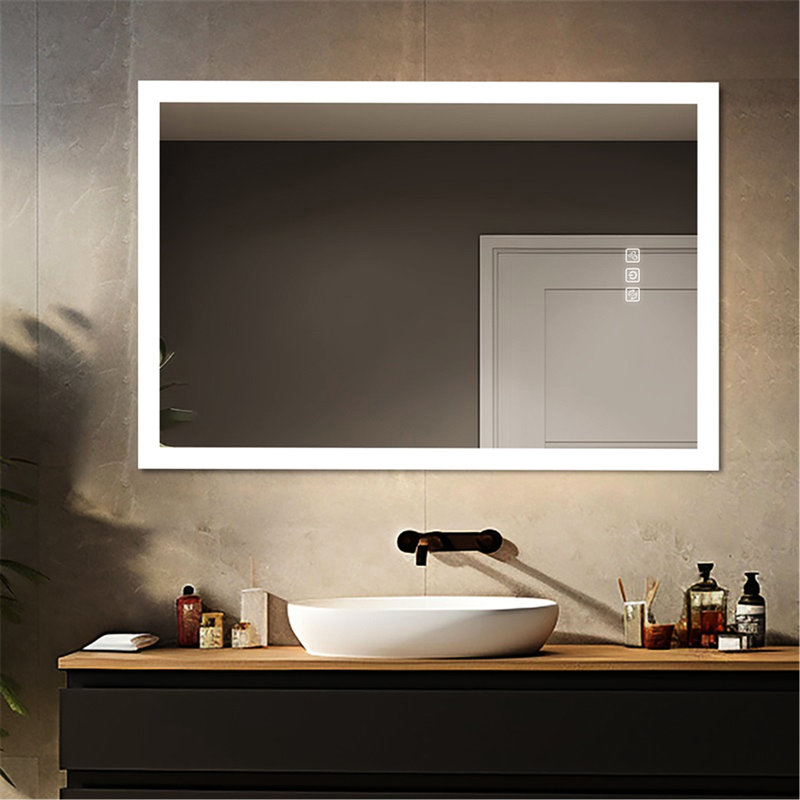 Miroir à DEL pour salle de bain 48 po x 36 po, fonction 5 minutes, 3 couleurs à intensité variable, pleine réflexion, montage mural, réflexion, motif