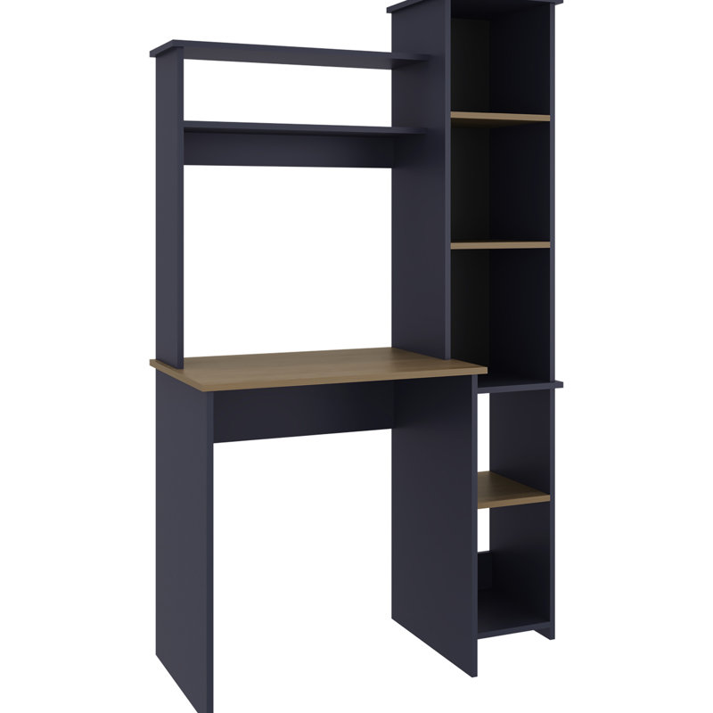 Bureau autoportant bleu marine avec deux tablettes pour l'organisation de l'espace de travail moderne avec cinq présentoirs à livres ouverts
