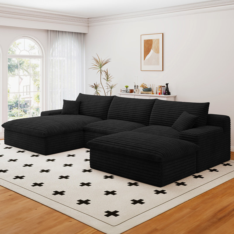 Boneless Boneless Couch,Modular U-Shaped Sectional Sofa,106-Inch 4-Seater Chaise Lounge With Reversible Design, Striped Corduroy Fabric In BLACK – Customizable Living Room Or Bedroom Couch, Freely Configurable Layout.