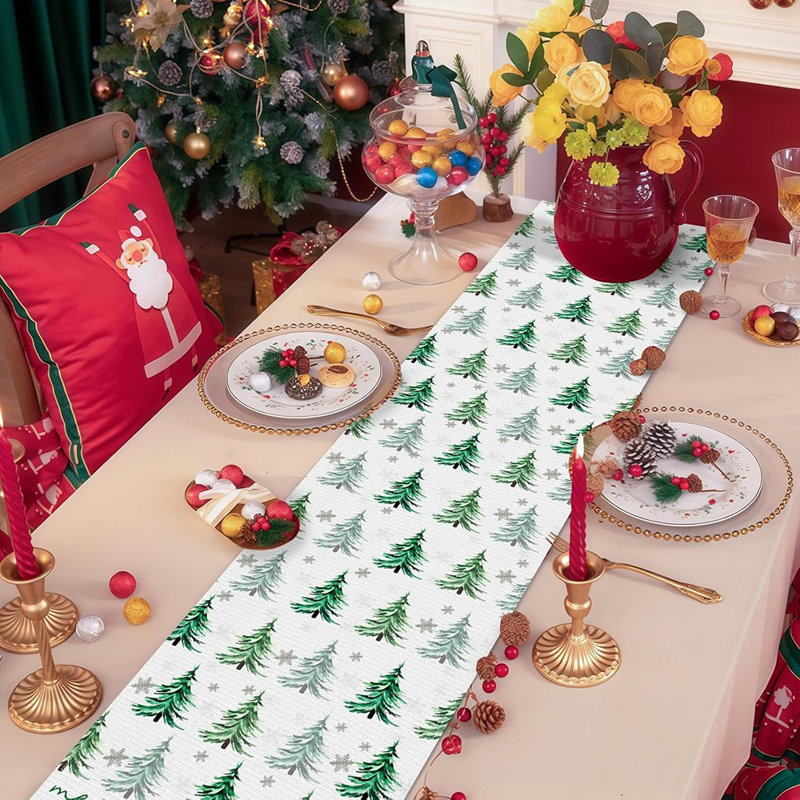 Inch Christmas Table Runner – Watercolor Pine Tree And Snowflake Pattern On White Background For Holiday, Home, Kitchen, Dining Table, Winter Party Decorations