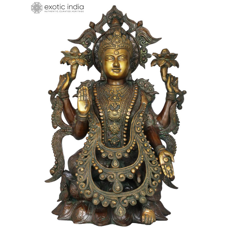 16 po Déesse Lakshmi en laiton | Fait à la main | Fabriqué en Inde, Brun