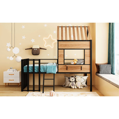 Lit mezzanine simple en métal blanc avec garde-corps Fabrication stable, aucun sommier nécessaire. Maison amusante en forme. Sommeil sécuritaire. Capacité de 300 lb. L 78,1 po x l 41 po x H 76,5 po. Assemblage requis, blanc. Robuste