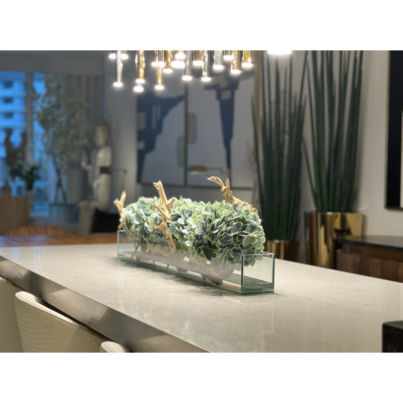 Hydrangea Arrangement in Planter, Blue Green