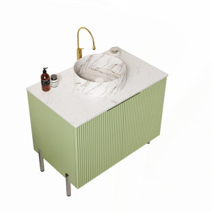 Armoire de salle de bain autoportante de 30 pouces avec plateau en pierre frittée blanc de Carrare et deux portes, vert