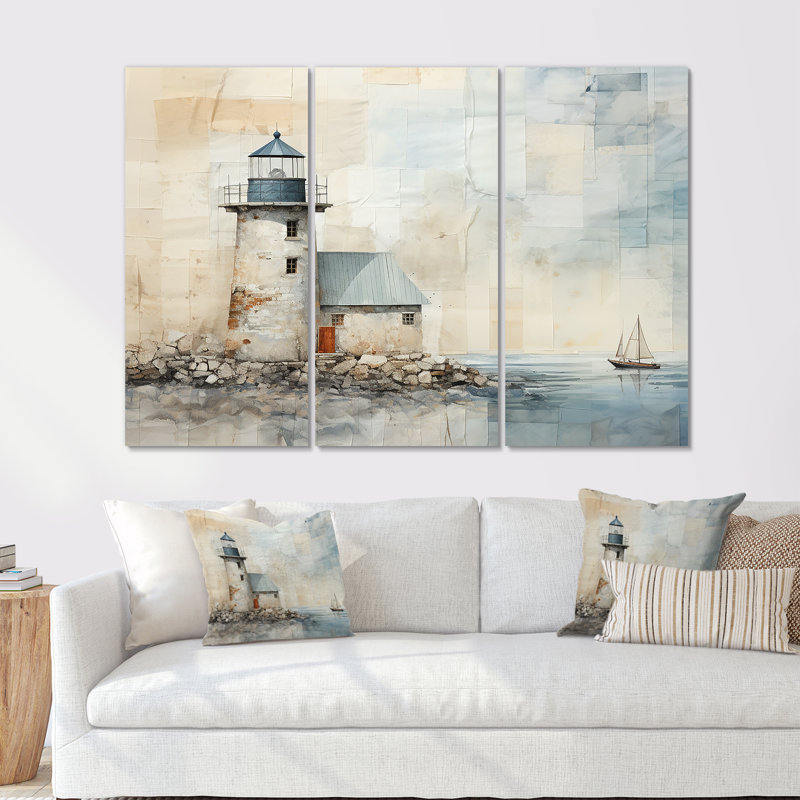 «Minimal Grey Light House Horizon II», ensemble d'art mural sur toile Beach Light House, H 32 po x l 48 po