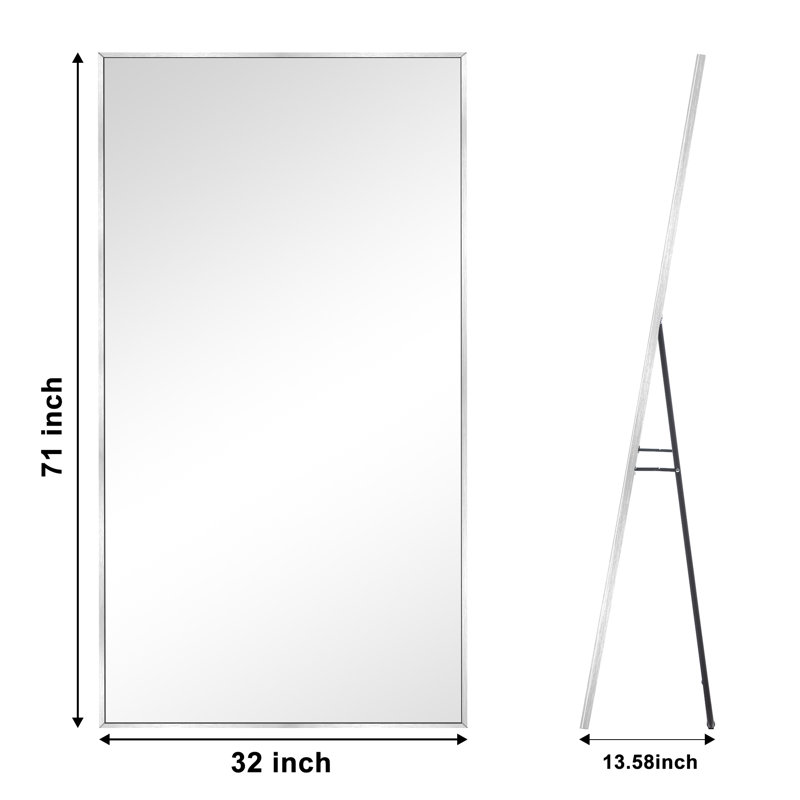 Vertell Oversize Rectangle Full Length Mirror Metal Mirror for GYM/ Bedroom with Stand, Silver, 71" x 32"