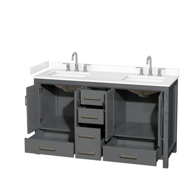 Sheffield 60 Inch Double Bathroom Vanity in Dark Gray, White Cultured Marble Countertop, Undermount Square Sinks (3-Hole), Brushed Chrome Trim