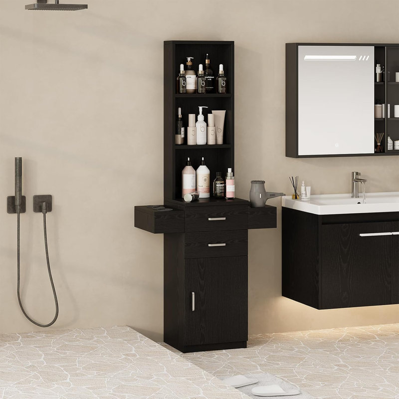 Thame Salon Station for Hair Stylist, Barber Station with Storage Cabinet, Hair Salon Stations Equipment Hair Dryer Holder, Drawers, Storage Cabinet for Hair Styling