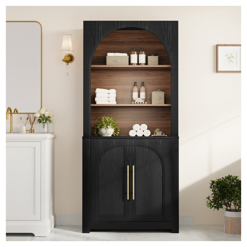 Bibliothèque noire de 180 cm avec armoire, étagère moderne en panneaux de particules dotée d'étagères ouvertes et de portes cintrées, idéale pour le salon ou le bureau.