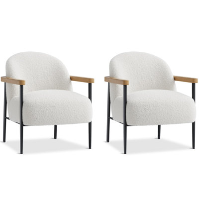Comfy Modern Accent Chair Set - White Soft Fabric Upholstered Armchairs with Wood Arms, Ergonomic Oversized Support, Ideal for Living Room, Bedroom, Office, Lounge